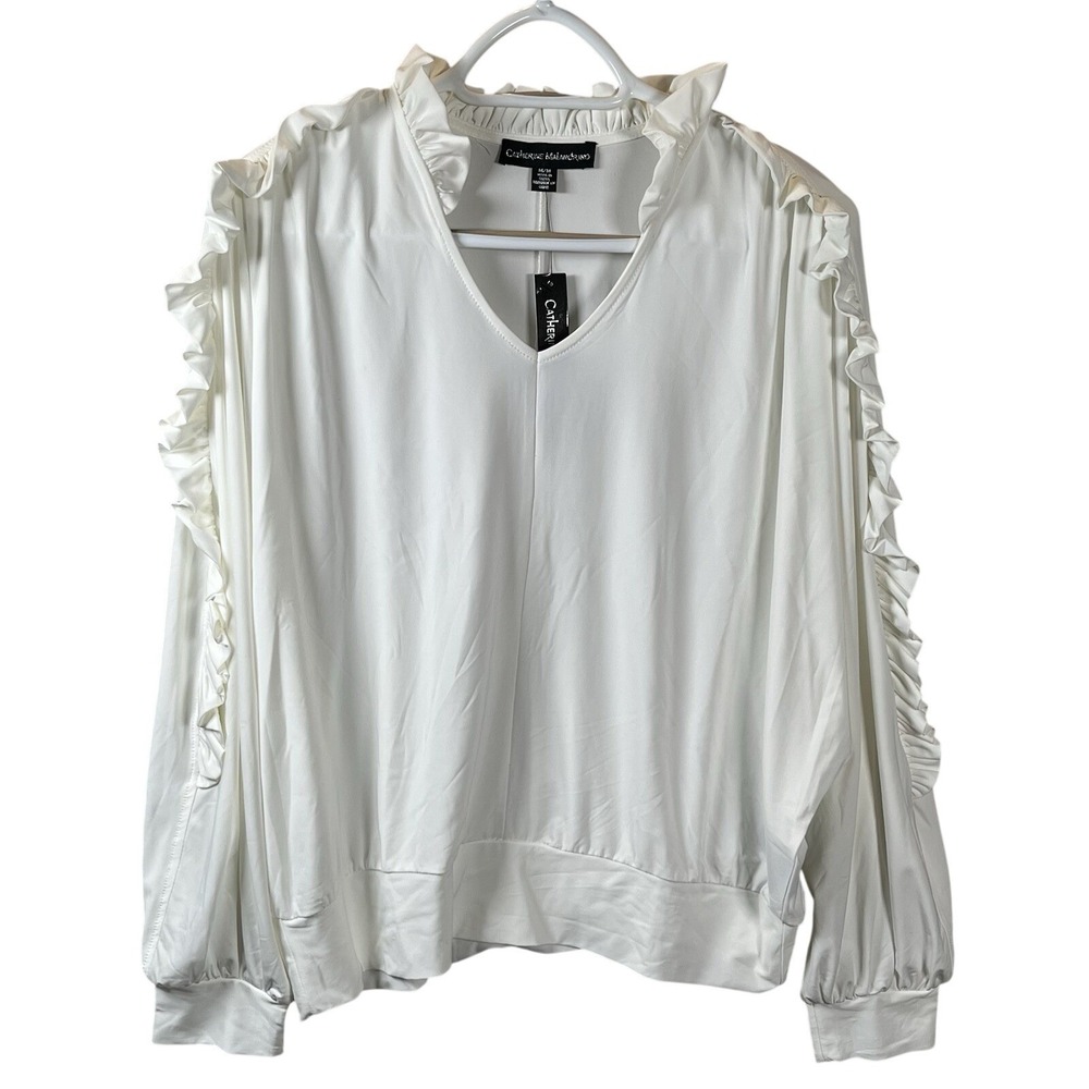 New Catherine Malandrino Blouse Women's Sz M Ivory Ruffle Collar Sleeve Tie Neck